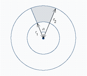 Given two concentric circles (circles with the same center) with central angle α = 45°, r<sub>1</sub> = 3.8 m, r<sub>2</sub> = 7.6 m, find the shaded area A<sub>s</sub> in the illustration below.   A<sub>s</sub> __________ m<sup>2</sup>