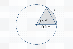 In the illustration below find the length of arc s, the area of the sector A<sub>sec</sub>, and the area of the segment A<sub>seg</sub>.   s = __________ m A<sub>sec</sub> __________ m<sup>2</sup> A<sub>seg</sub> __________ m<sup>2</sup>