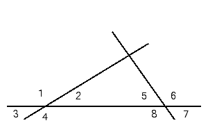 What type of angles are  \angle 1 , \angle 4  ?   A)  corresponding B)  vertical angles C)  complementary D)  supplementary E)  adjacent angles 