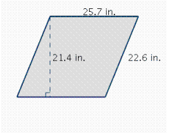 Find the perimeter and the area of the quadrilateral.    A)  P = 102.8 in. B)  P = 94.2 in. C)  A = 550 in. <sup>2</sup> D)  A = 484 in. <sup>2</sup> E)  A = 581 in. <sup>2</sup> F)  P = 96.6 in.