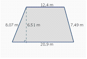 Find the perimeter and the area of the quadrilateral.    A)  A = 1,680 m <sup>2</sup> B)  P = 55.3 m C)  A = 81 m <sup>2</sup> D)  A = 108 m <sup>2</sup> E)  P = 48.8 m F)  P = 46.3 m