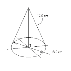 Follow the rules for working with measurements. Find the volume and the lateral surface area of the circular cone.   A)  V = 1560 cm <sup>3</sup> B)  A = 559 cm <sup>2</sup> C)  V = 2050 cm <sup>3</sup> D)  V = 2450 cm <sup>3</sup> E)  A = 481 cm <sup>2</sup> F)  V = 1220 cm <sup>3</sup> G)  A = 444 cm <sup>2</sup> H)  A = 504 cm <sup>2</sup>
