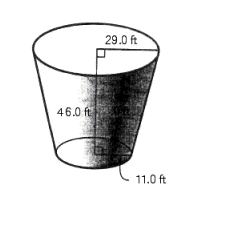 Follow the rules for working with measurements. Find the volume and lateral surface area of the frustum of the cone shown in the illustration.   A)  A = 14,540 ft <sup>2</sup> B)  A = 6,210 ft <sup>2</sup> C)  V = 28,300 ft <sup>3</sup> D)  V = 6,400 ft <sup>3</sup> E)  A = 880 ft <sup>2</sup> F)  V = 74,000 ft <sup>3</sup> G)  V = 61,700 ft <sup>3</sup> H)  A = 3,090 ft <sup>2</sup>