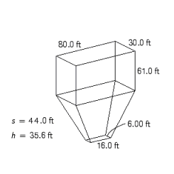 Find the volume and lateral surface area of the storage bin.    A)  V = 306,000 ft <sup>3</sup> B)  A = 13,500 ft <sup>2</sup> C)  V = 147,000 ft <sup>3</sup> D)  V = 516,000 ft <sup>3</sup> E)  A = 103,000 ft <sup>2</sup> F)  A = 51,900 ft <sup>2</sup> G)  V = 182,000 ft <sup>3</sup> H)  A = 19,200 ft <sup>2</sup>