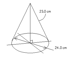 Follow the rules for working with measurements.   Find the volume of the right circular cone. V = __________ cm<sup>3</sup> Find the lateral surface area of the right circular cone. A = __________ cm<sup>2</sup>