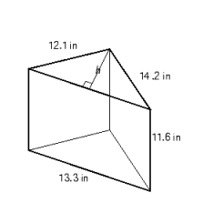 Following the rules for working with measurements, find the lateral surface area of the prism in the illustration A <sub>L</sub>, the total surface area of the prism A <sub>T</sub> (h = 11.2 in.) , and the volume of the prism V.   A)  A <sub>L</sub> = 459 in. <sup>2</sup>, A <sub>T</sub> = 609 in. <sup>2</sup>, V = 865 in. <sup>3</sup> B)  A <sub>L</sub> = 614 in. <sup>2</sup>, A <sub>T</sub> = 459 in. <sup>2</sup>, V = 866 in. <sup>3</sup> C)  A <sub>L</sub> = 459 in. <sup>2</sup>, A <sub>T</sub> = 534 in. <sup>2</sup>, V = 865 in. <sup>3</sup> D)  A <sub>L</sub> = 459 in. <sup>2</sup>, A <sub>T</sub> = 614 in. <sup>2</sup>, V = 866 in. <sup>3</sup> E)  A <sub>L</sub> = 609 in. <sup>2</sup>, A <sub>T</sub> = 459 in. <sup>2</sup>, V = 865 in. <sup>3</sup>