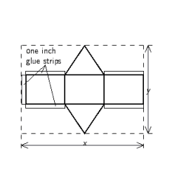  Follow the rules for working with measurements. A triangular display pedestal is to be made of corrugated paper. Using the following, what size sheet needs to be designated on the drawing?       A)  15' 1    ×  15' 1  B)  18' 1    ×  13' 8  C)  18' 1    ×  13' 4  D)  15' 1    ×  13' 8  E)  15' 1    ×  13' 4  