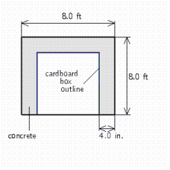  Follow the rules for working with measurements. A concrete product is being designed. It is a cube 8 ft on a side. To reduce the weight of the final product, it will be  voided  using a cardboard box. If 4 in. of concrete must be maintained and there is no concrete on the bottom, find the dimensions needed for the drawing of the cardboard box.       A)  7' 8    ×  7' 5    ×  7' 8  B)  7' 6    ×  7' 4    ×  7' 8  C)  7' 4    ×  7' 4    ×  7' 8  D)  7' 6    ×  10' 4    ×  7' 8  E)  7' 4    ×  10' 4    ×  7' 8  