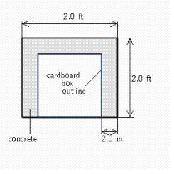  A concrete product is being designed. It is a cube 2 ft on a side. To reduce the weight of the final product, it will be  voided  using a cardboard box. 2 in. of concrete must be maintained and there is no concrete on the bottom -- see the illustration below.         What size sheet of cardboard can this shape be cut from? A)  77 in.   ×  64 in. B)  77 in.   ×  63 in. C)  81 in.   ×  64 in. D)  81 in.   ×  81 in. E)  81 in.   ×  63 in. 