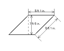 A Victorian building has one room in the shape of a rhombus. If the vertical ceiling height is 10 ft, find the floor area to be used in calculating a volume of air in the room.   A)  87,000 in. <sup>2</sup> B)  8,700 in. <sup>2</sup> C)  9,300 in. <sup>2</sup> D)  4,400 in. <sup>2</sup> E)  17,000 in. <sup>2</sup>