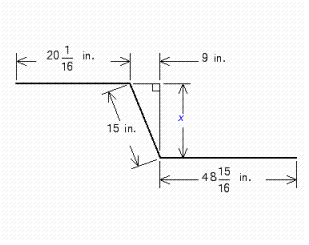  Find the offset distance  x  for the  7  foot pipe shown in the illustration below.   A)  x = 15.4 in. B)  x = 12 in. C)  x = 6 in. D)  x = 9.8 in. E)  x = 11 in. 