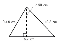 Find the area and perimeter of the triangle shown below. Use the rules for working with measurements.   A)  perimeter = 35.4, area = 44.1 ft <sup>2</sup> B)  perimeter = 35.4, area = 46.3 ft <sup>2</sup> C)  perimeter = 36.5, area = 46.3 ft <sup>2</sup> D)  perimeter = 35.4, area = 48.5 ft <sup>2</sup> E)  perimeter = 36.5, area = 48.5 ft <sup>2</sup>