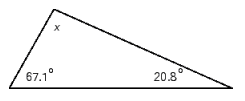 Find the measure of the missing angle in the triangle shown below.   A)  x = 90.4° B)  x = 89.7° C)  x = 92.1° D)  x = 93.2° E)  x = 88.8°