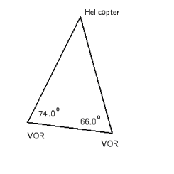 A helicopter is at a position from two VORs as in the diagram shown below. Given the angles shown, find the third angle.   A)  x = 30° B)  x = 43° C)  x = 40° D)  x = 47° E)  x = 35°