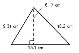  Find the area and perimeter of the triangle shown below. Use the rules for working with measurements.   area = __________  \mathrm { cm } ^ { 2 }  perimeter = __________cm 