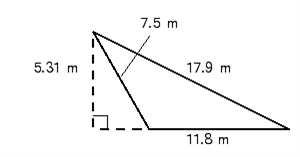  Find the area and perimeter of the triangle. Use the rules for working with measurements.   area = _________  m ^ { 2 }  perimeter = __________m 