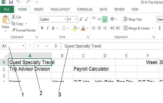   As shown in the accompanying figure, item ____ points to the formula bar. A)  1 B)  2 C)  3 D)  4