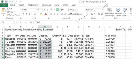   In the accompanying figure, item 2 is the ____ list arrow. A)  Number Format B)  Accounting Number Format C)  Commands in Number D)  Decimal Number