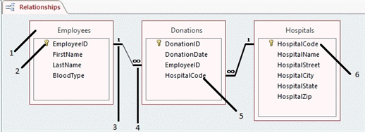   Using the accompanying figure, list three principles of relational database design. Use the specific table and field names in your explanation.