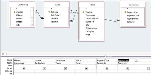   You want to add the PaymentDate field from the Payments table in the query shown in the accompanying figure. Describe how you can do this.