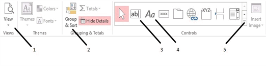   In the accompanying figure, click item 5 to add a _____ to a report. A)  label B)  text box C)  sort order D)  subreport