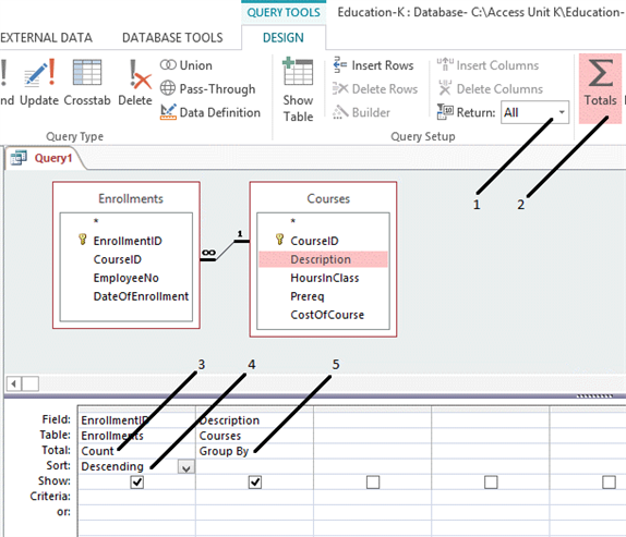   In the figure above, which field is being grouped? A)  Enrollments B)  EnrollmentID C)  Description D)  CourseID