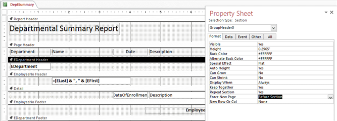   In the figure above, which property is being modified? A)  Force New Page B)  New Row or Col C)  Department Header D)  DeptSummary