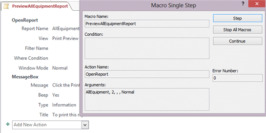   In the Macro Single Step dialog box in the figure, which button would you click to run the next macro action? A)  Step B)  Halt C)  Next D)  Run