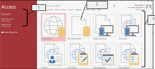   In the accompanying figure, item 3 points to the ____. A)  featured templates B)  recently opened databases C)  saved template categories D)  Blank templates