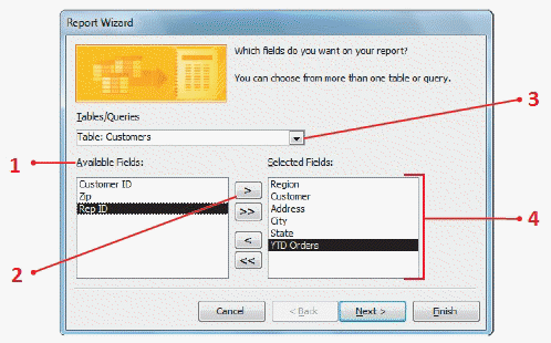  In the accompanying figure, item 1 points to the ____. A)  Available Fields button B)  Available Fields list C)  Selected Fields list D)  Tables/Queries list arrow