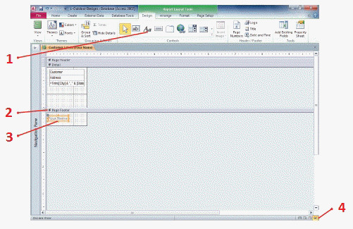   In the accompanying figure, item 4 points to the ____. A)  Label control B)  Design View button C)  Page Footer bar D)  Label button