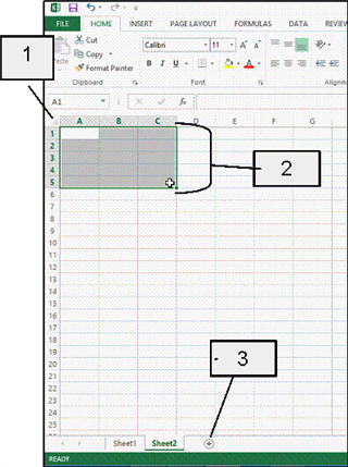   In the accompanying figure, item 3 points to the ____. A)  Insert Worksheet button B)  Select All button C)  New Sheet button D)  sheet tab