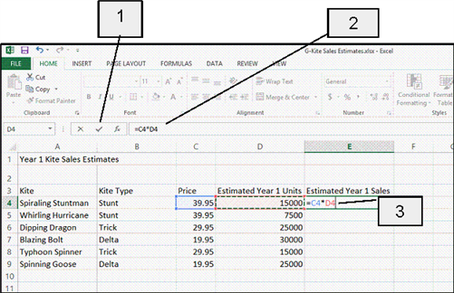   In the accompanying figure, item 3 points to the ____. A)  Insert Worksheet button B)  formula bar C)  Enter button D)  active cell