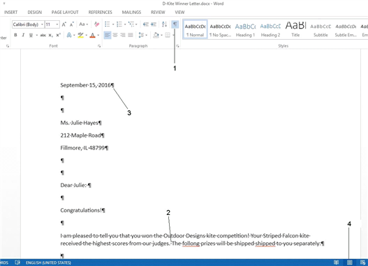   In the accompanying figure, item 3 ____. A)  points to the draft view button B)  indicates the end of a new sentence C)  indicates spaces with dots between words D)  indicates the end of a paragraph