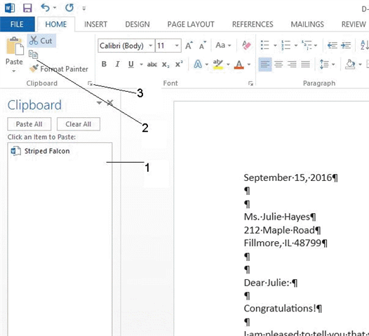   In the accompanying figure, item 1 points to the ____. A)  Paste button B)  Copy button C)  Clipboard task pane D)  Clipboard launcher