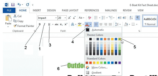   In the accompanying figure, item 5 points to ____. A)  a color on the color palette B)  selected text C)  the Underline button D)  the Bold button