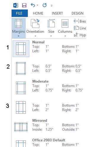   In the accompanying figure, item 2 points to the ____ margins setting. A)  narrow B)  current C)  mirrored D)  wide