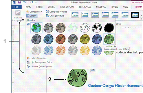   In the accompanying figure, item 2 is an example of ____. A)  Duplicate clip art B)  WordArt C)  Live Preview D)  Color Preview