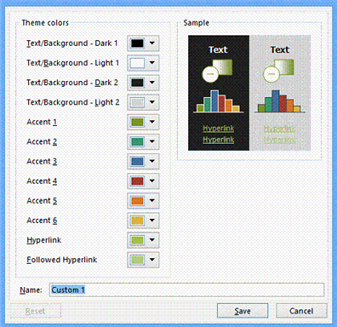    The dialog box shown in the accompanying figure is the Create New Theme Colors dialog box.
