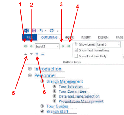   Which number in the accompanying figure references the Demote to Body Text button? A)  1 B)  2 C)  3 D)  4