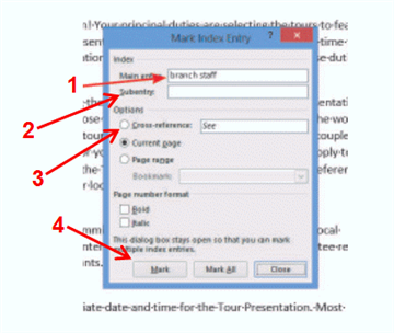   Which number in the accompanying figure do you click to mark one occurrence of an entry in an index? A)  1 B)  2 C)  3 D)  4