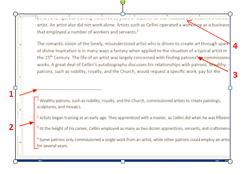   In the accompanying figure, which number points to the note reference mark for footnote 4? A)  1 B)  2 C)  3 D)  4