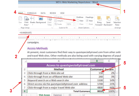   In the accompanying figure, what does item 2 indicate? A)  Word Ribbon B)  Excel Ribbon C)  Excel title bar D)  Word title bar