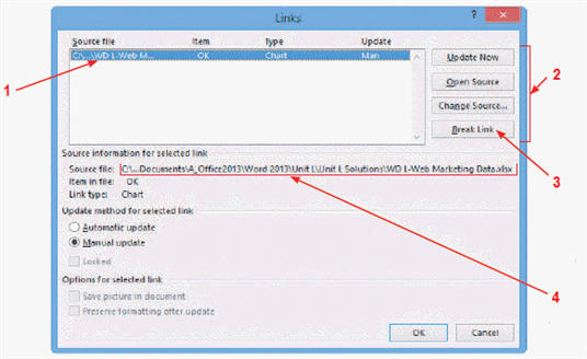   In the accompanying figure, which item do you click to remove the connection between the currently selected file and the source file? A)  1 B)  2 C)  3 D)  4