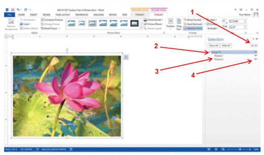   In the accompanying figure, which item shows where you click to reorder a selected picture? A)  1 B)  2 C)  3 D)  4