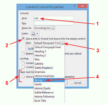    In the accompanying figure, item 1 indicates text that will be displayed as the Title text in the content control when Design Mode is active.