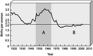   Total Fertility Rates for the United States Use the Figure above to answer the following question(s). What is the name given the shaded area indicated by the letter A?