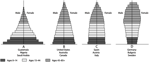   Generalized Population Age Structure Diagrams Use the Figure above to answer the following question(s). For the United States, Australia, and Canada, which gender is represented by the largest numbers in the later years of life?
