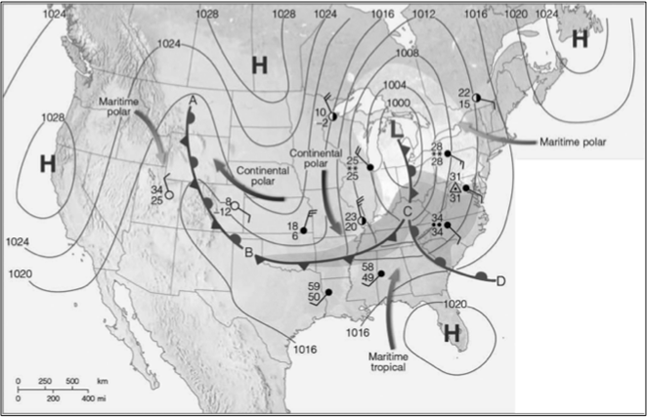   Using the weather map in the accompanying figure, provide the following information: (1) Identify the type of front between points A and B. Describe the weather surrounding the front. (2) Identify the type of front between points B and C. Describe the weather surrounding the front. (3) Show on the weather map where a  warm sector  would be located.