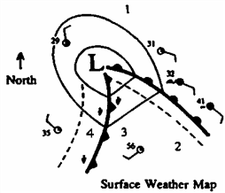 <strong>Exhibit 9-1 The following questions refer to the above illustration of a mid-latitude cyclone (the dashed lines show the positions of the fronts 6 hours ago). Consider the accompanying figure. At which of the four positions would you expect to hear the following 12-hour forecast?</strong> A) 1 B) 2 C) 3 D) 4